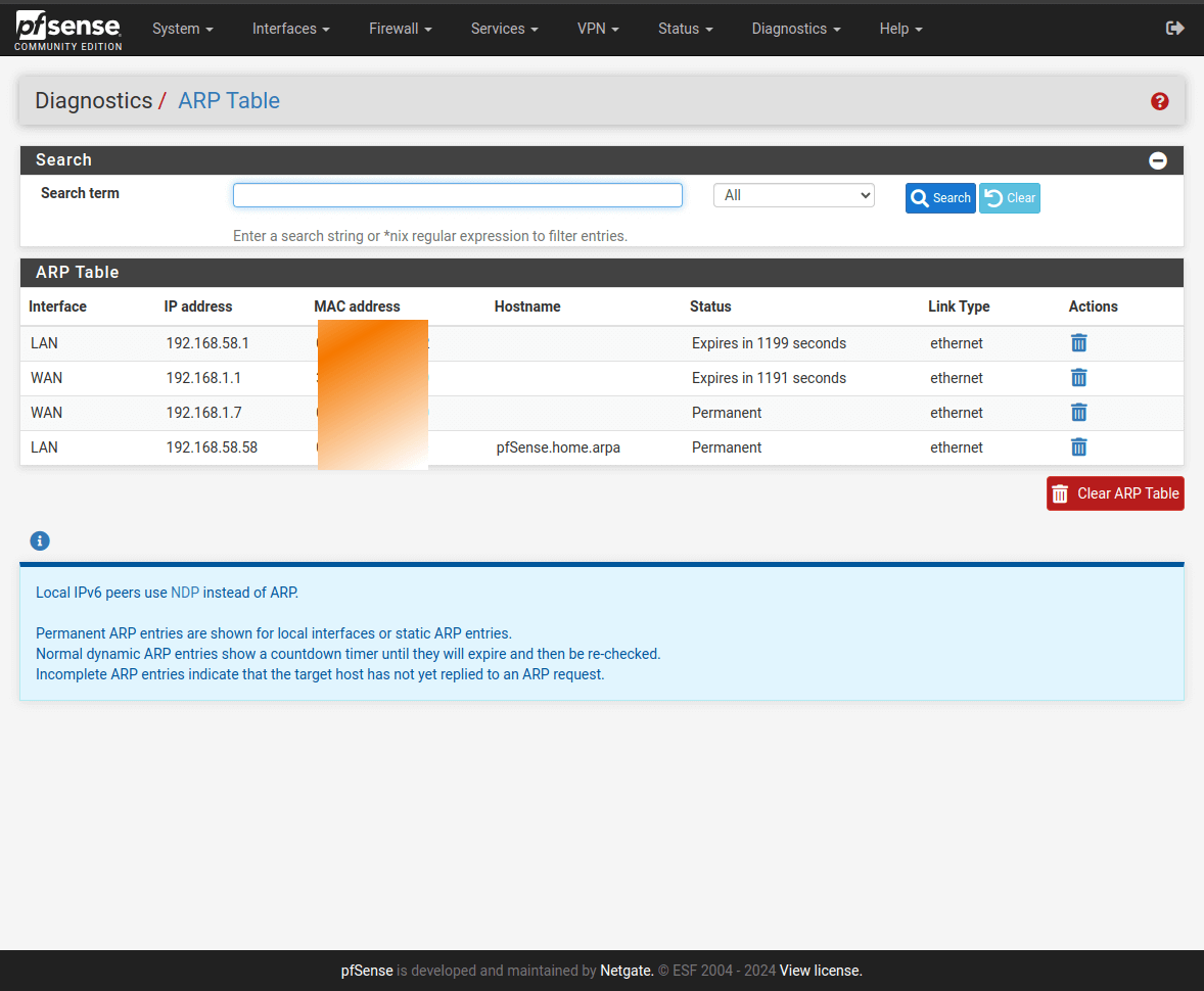 pfSense Diagnostics ARP Table