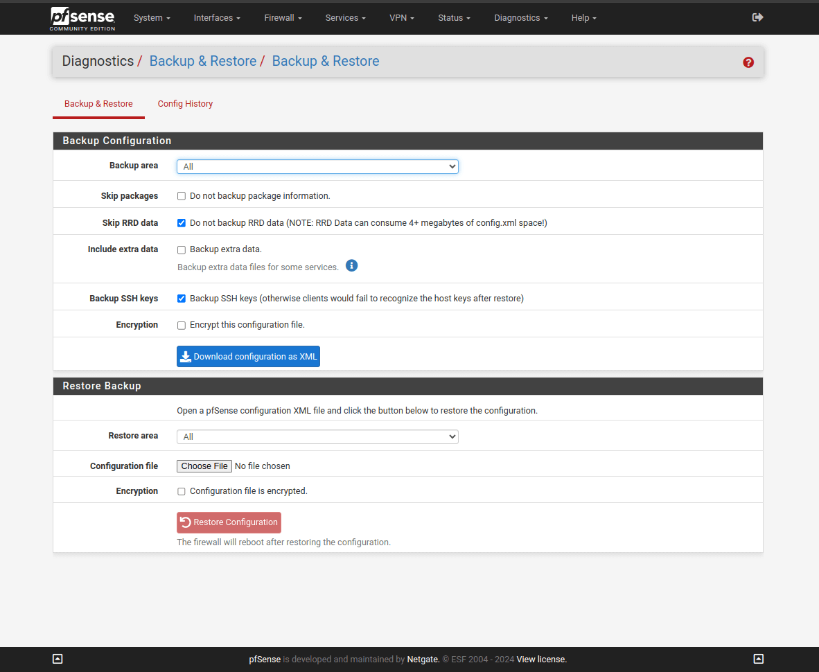 pfSense Diagnostics Backup & Restore