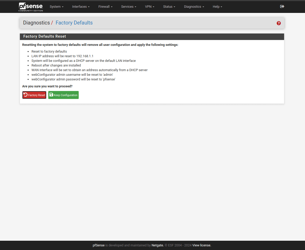 pfSense Diagnostics Factory Defaults