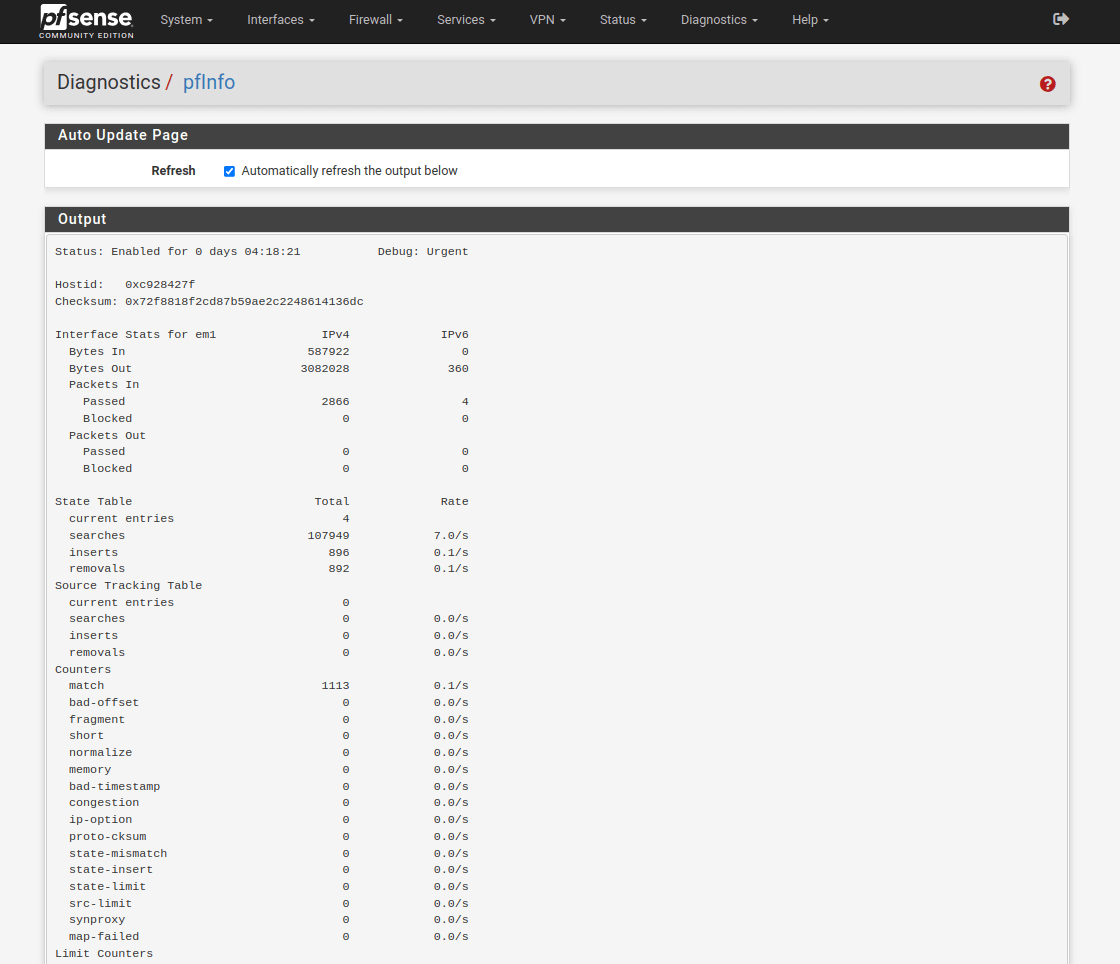 pfSense Diagnostics pfInfo