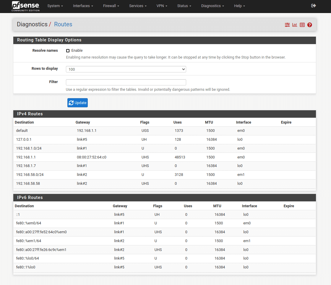pfSense Diagnostics Routes