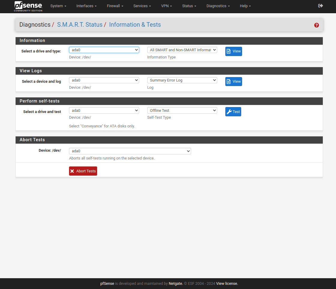pfSense Diagnostics SMART Status