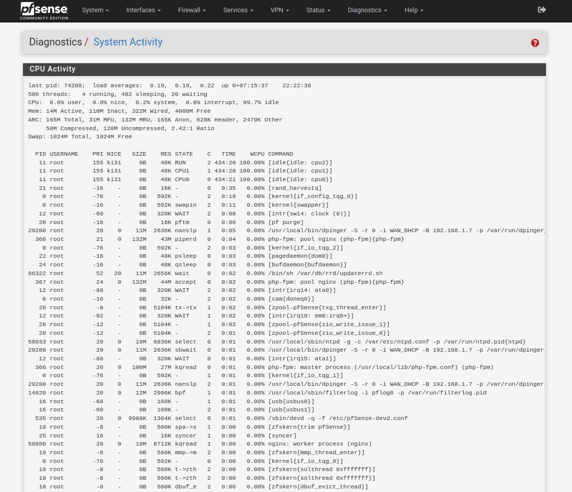pfSense Diagnostics System Activity