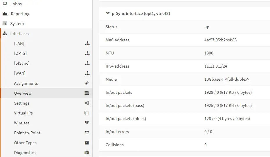 pfSync interface overview on master node