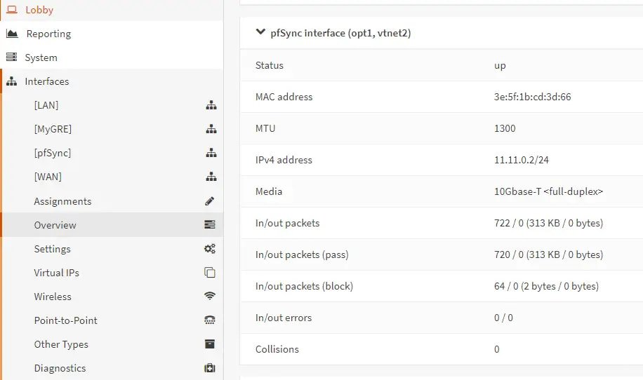 pfSync interface overview on backup node