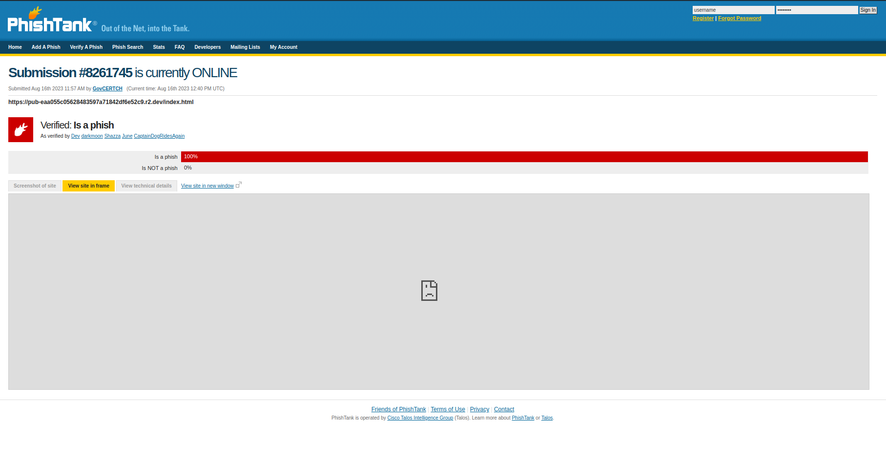 Attempting to view the phishing site is immediately blocked
