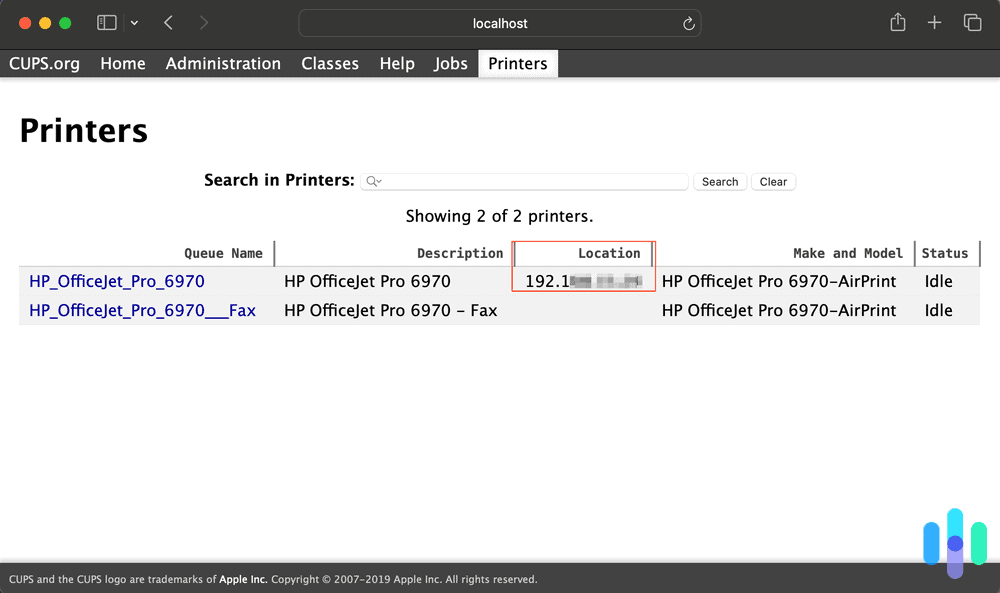 Printer IP address location from the CUPS website