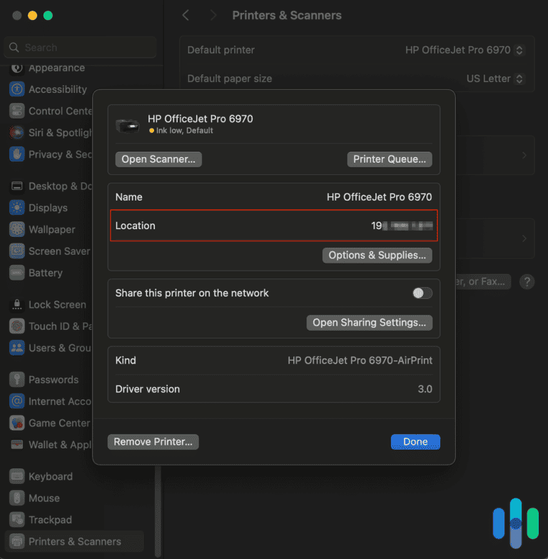 Printer IP address location on Mac