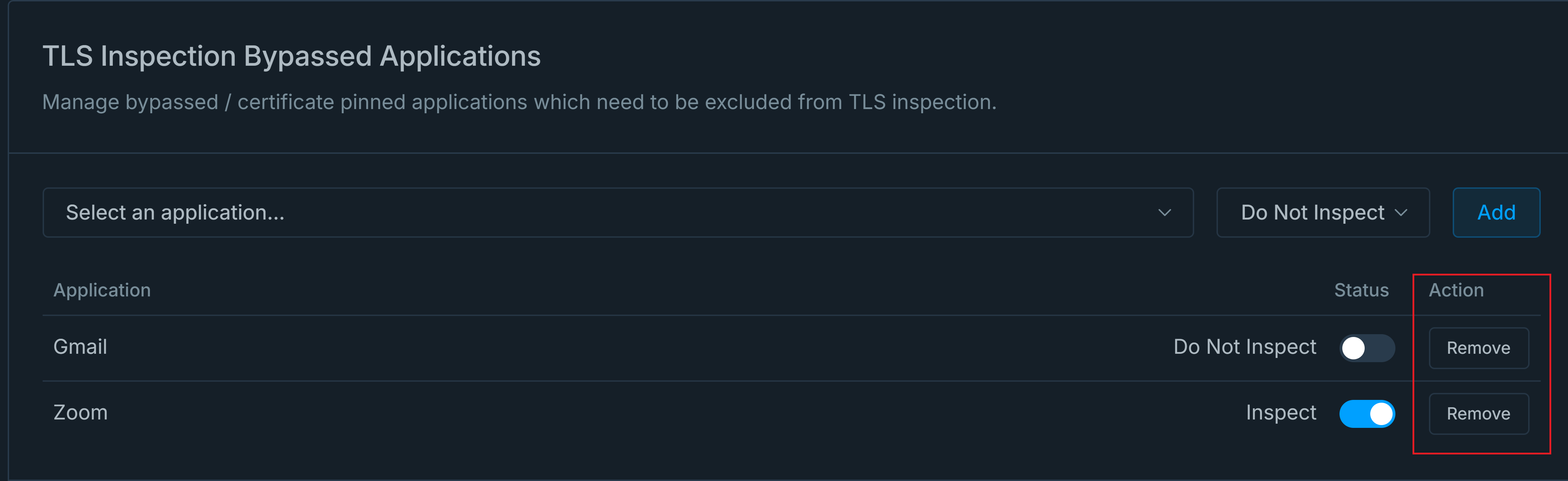 Removing an Application from TLS Inspection Bypassed Applications
