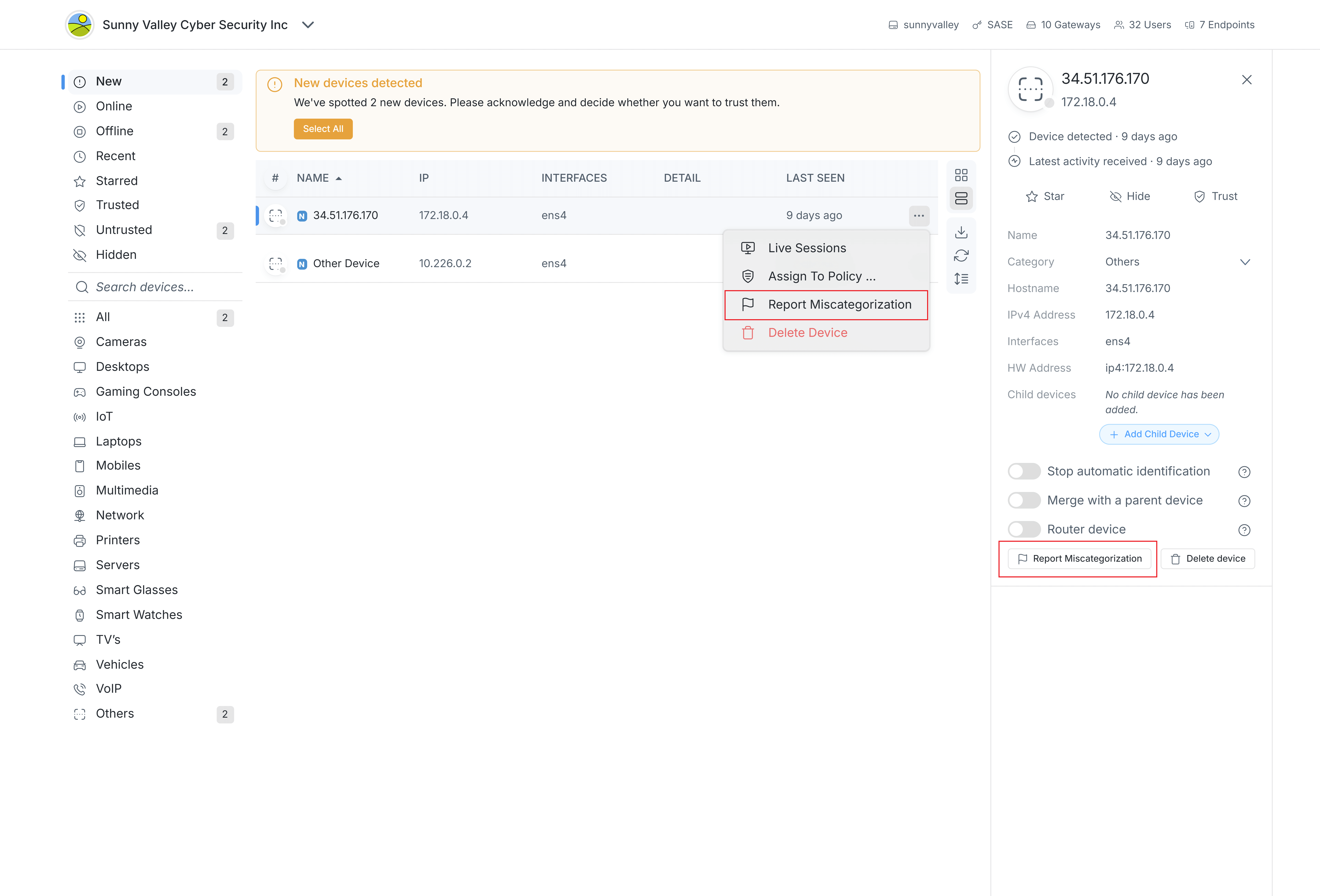 Reporting Device Miscategorization