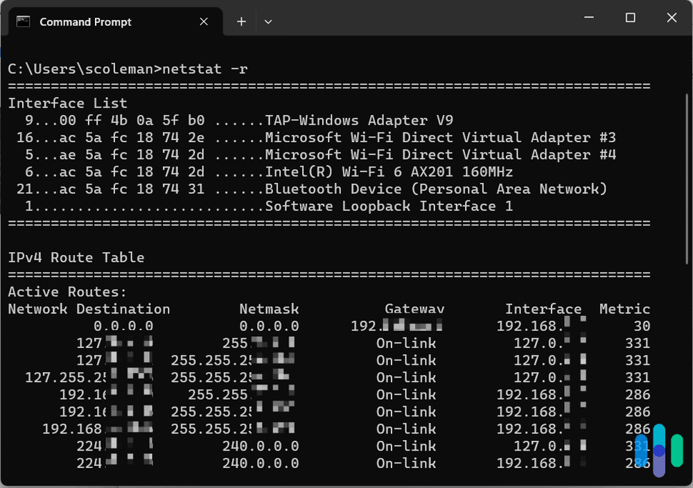 Results of the netstat -r command in the command prompt