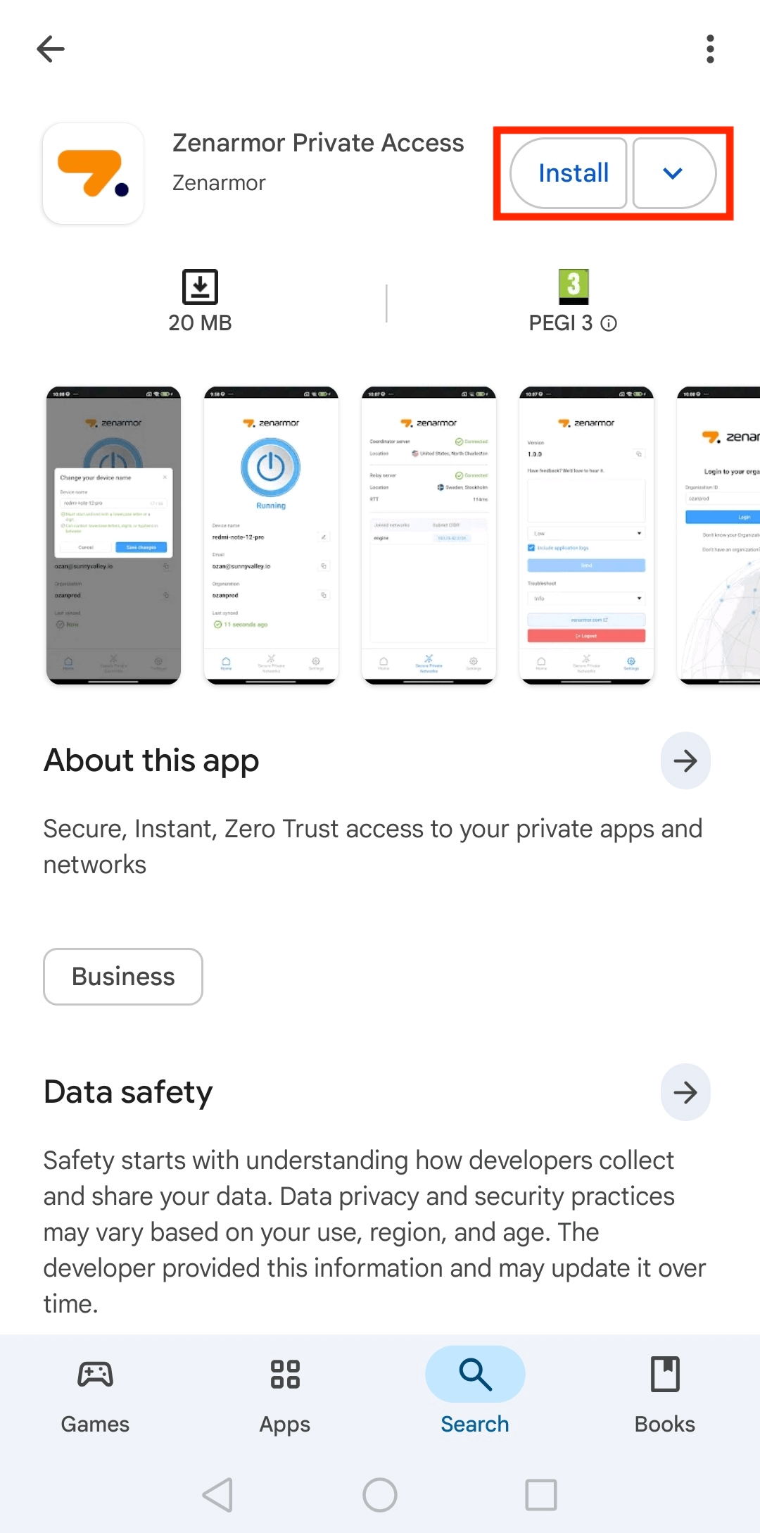 Searching for Zenarmor Private Access Application