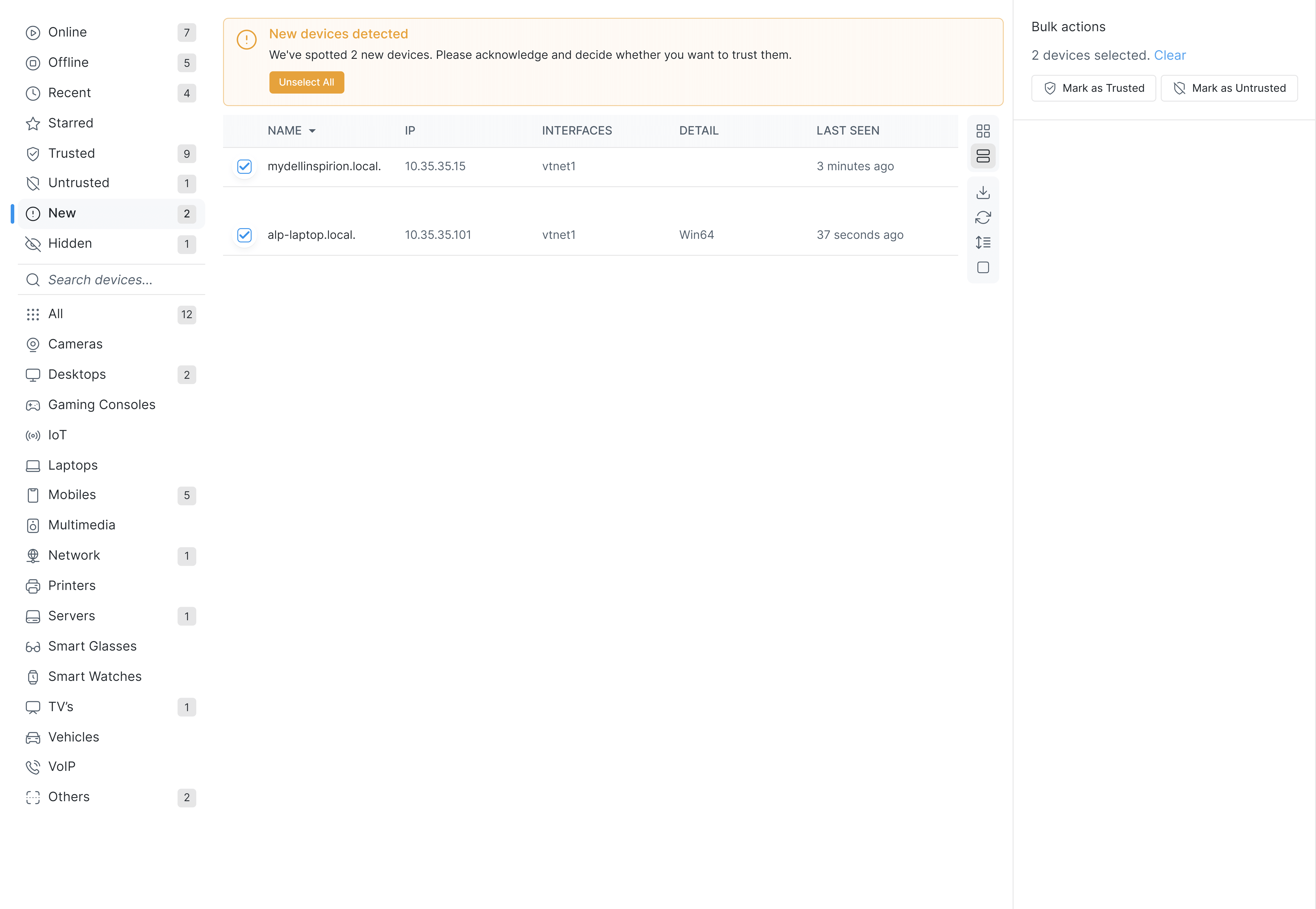 Selecting all devices for bulk action