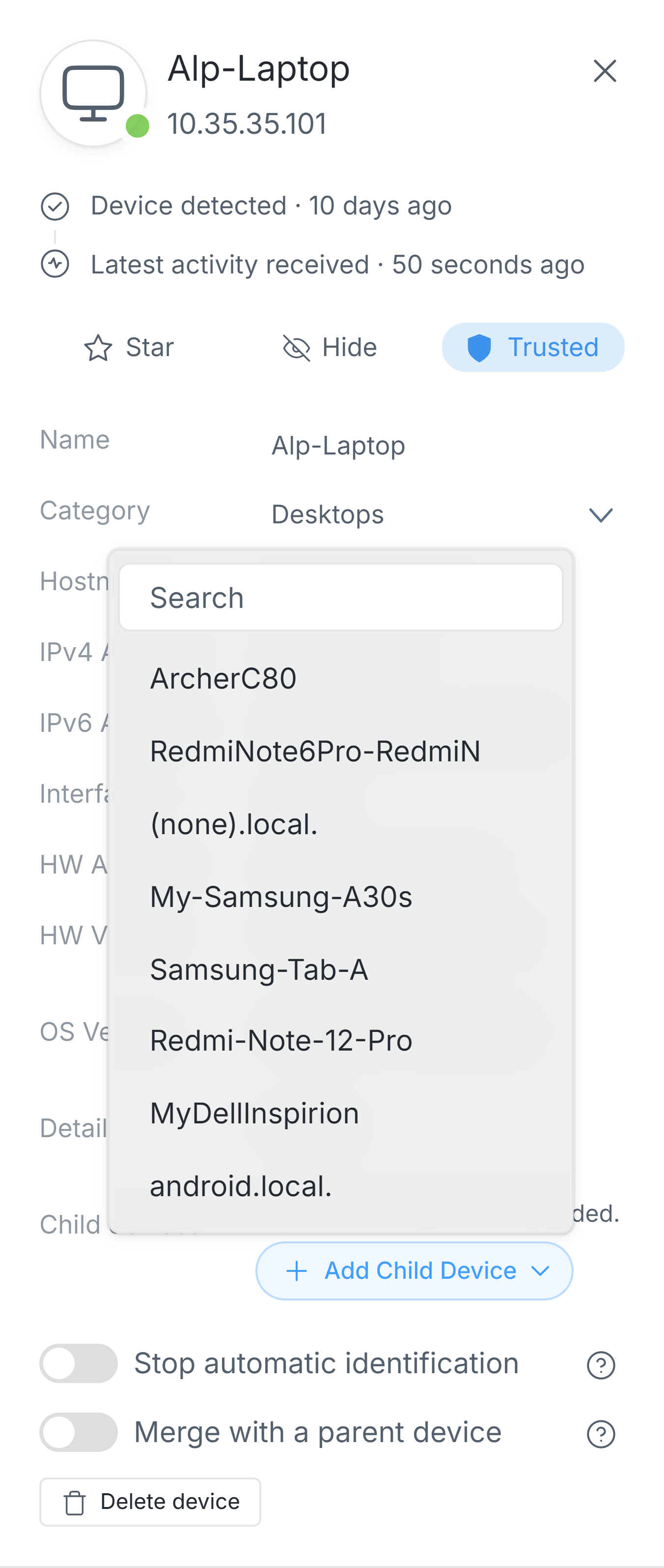 Selecting a child device