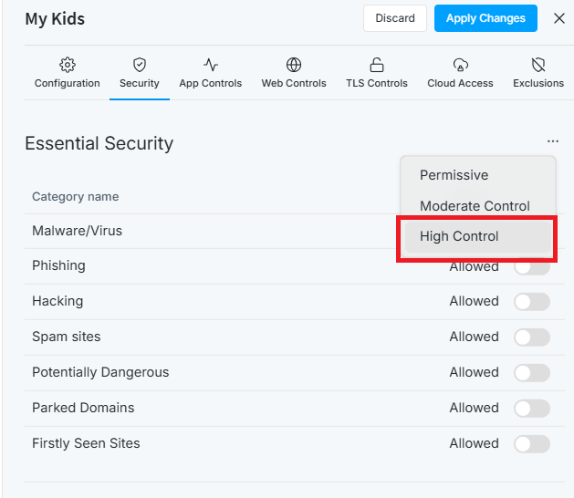 Set high control for essential security