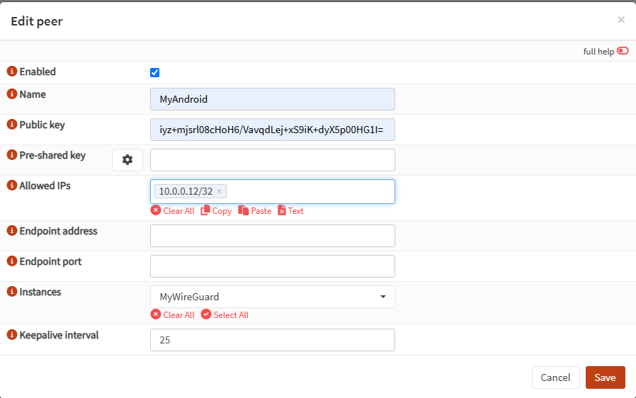 setting wireguard endpoint android configuration on opnsense