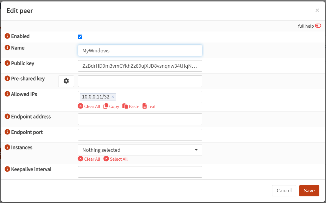 setting wireguard endpoint windows configuration on opnsense