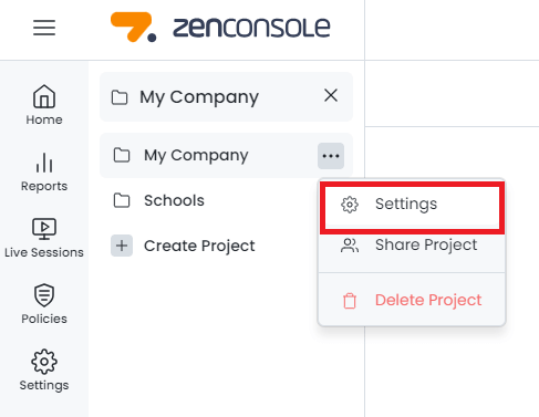 Zenconsole -Accessing Settings of a Zenarmor Project