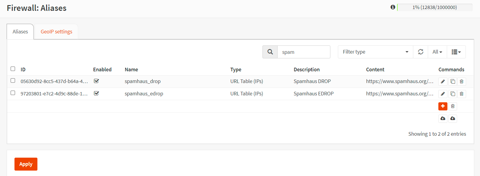 Aliases for Spamhaus on OPNsense