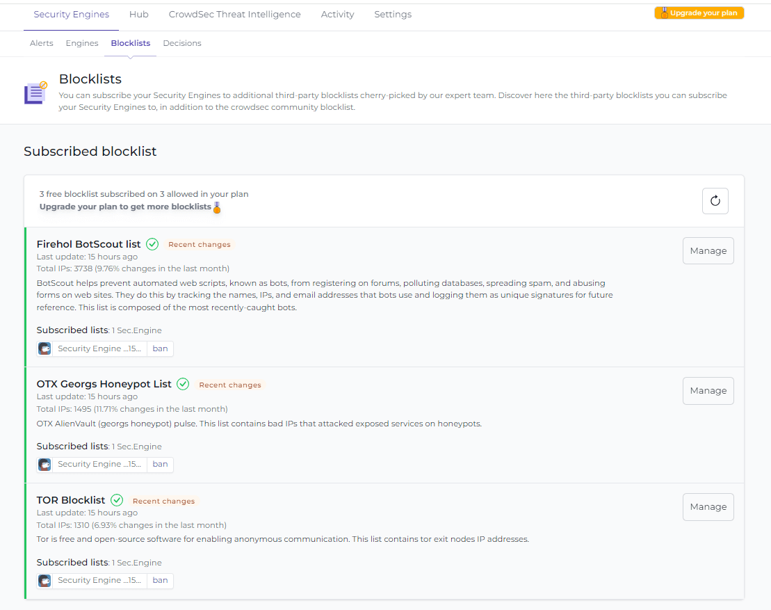 Subscribed blocklists for Security Engine