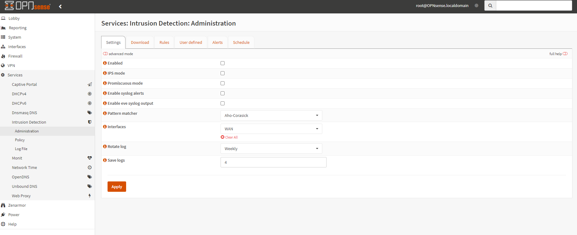 Suricata IPS/IDS settings menu