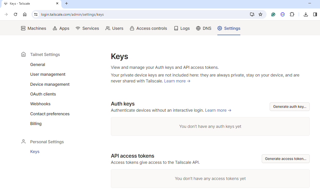 Tailscale keys settings page