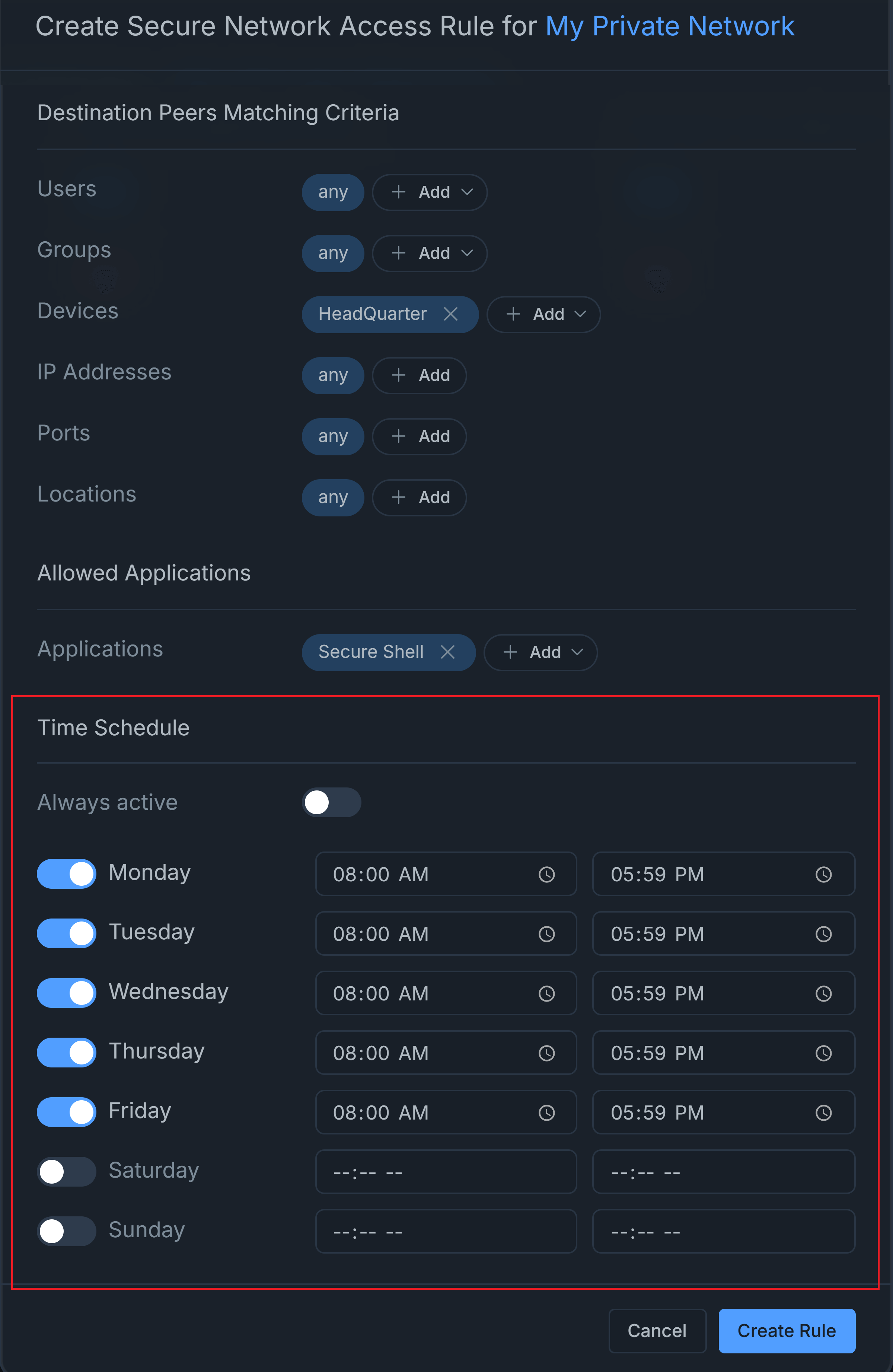 Time Schedule Network Access Rule