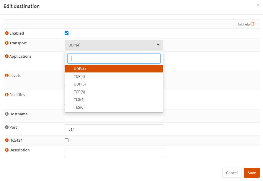 Selecting Trasport for Logging targets on OPNsense
