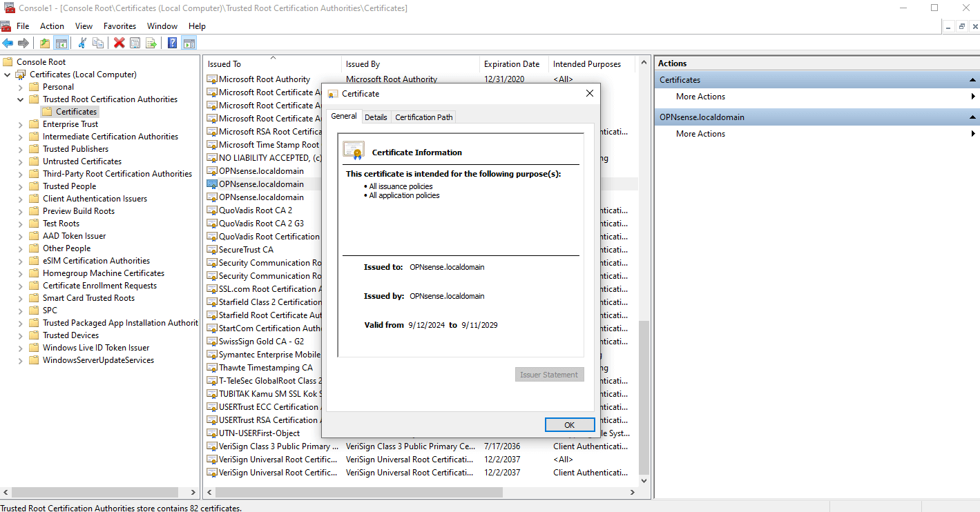 The Zenarmor Root CA certificate is successfully installed in the Trusted Root Certification Authorities store.