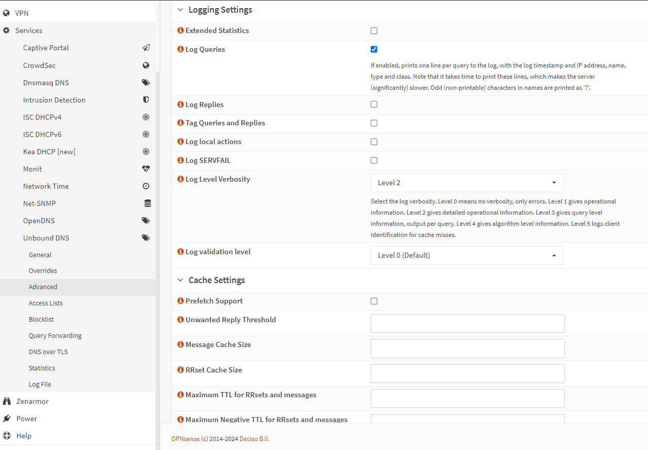 Unbound DNS Logging Settings on OPNsense