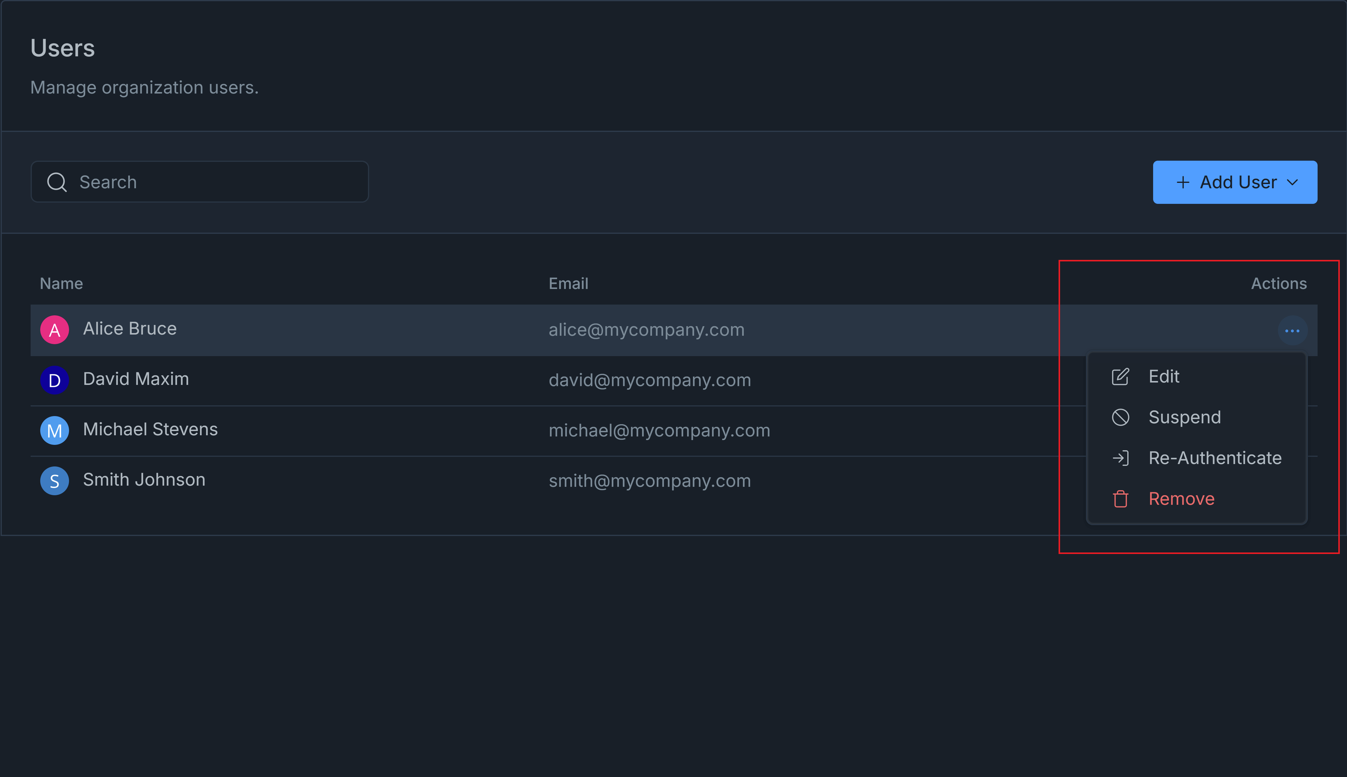 User Actions Menu
