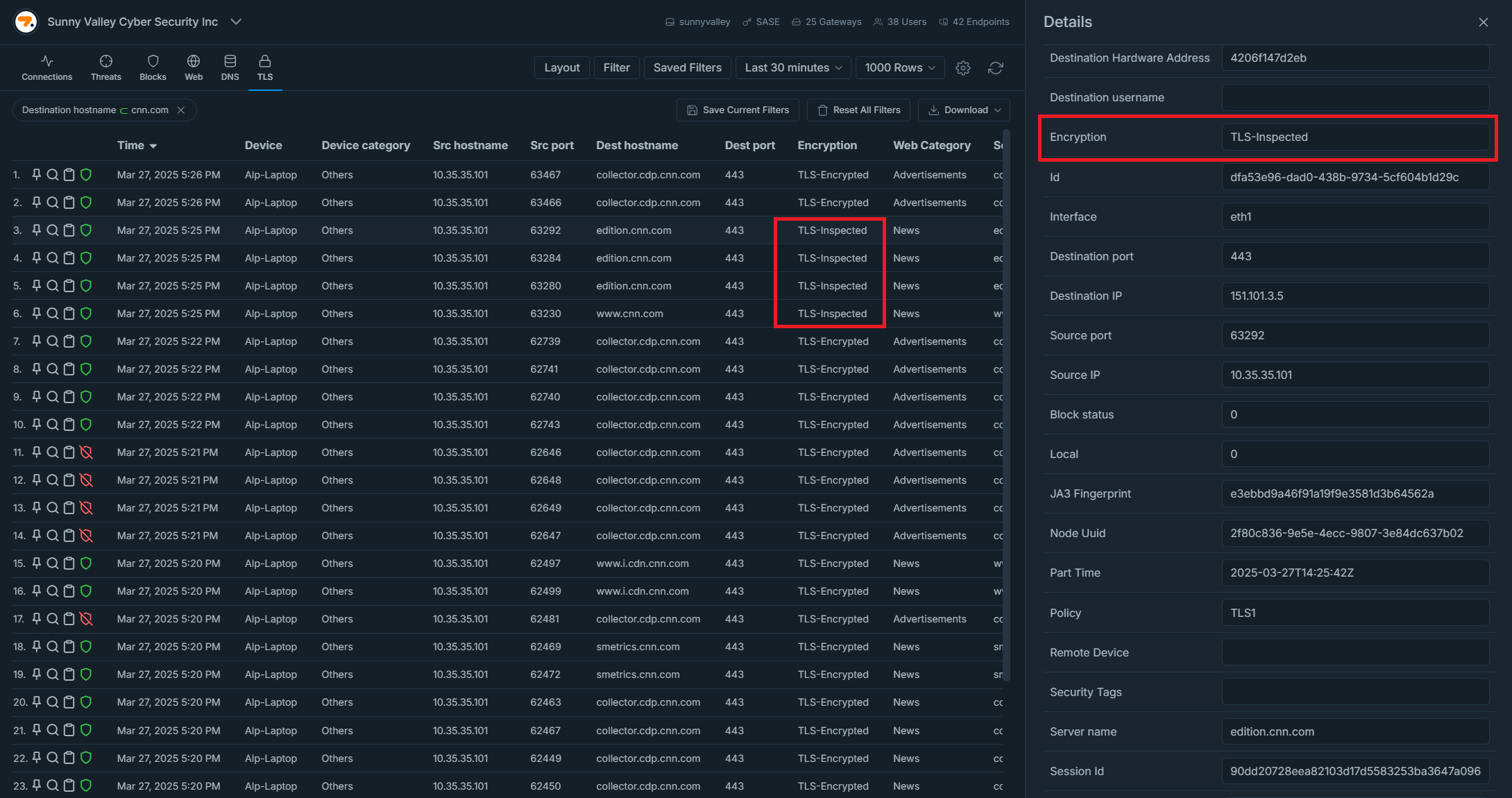 Having TLS Inspected in the Encryption field verifies that Full TLS Inspection