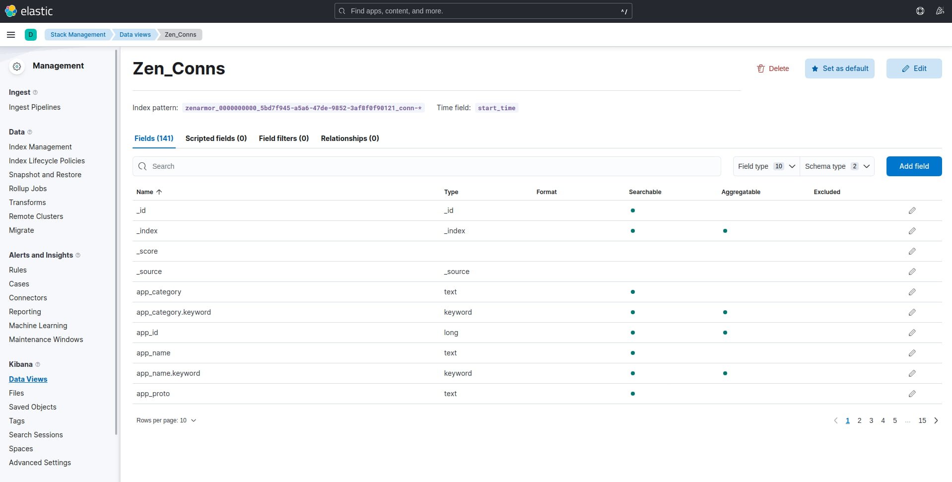 View of the available fields in the Zen_Conns Data View
