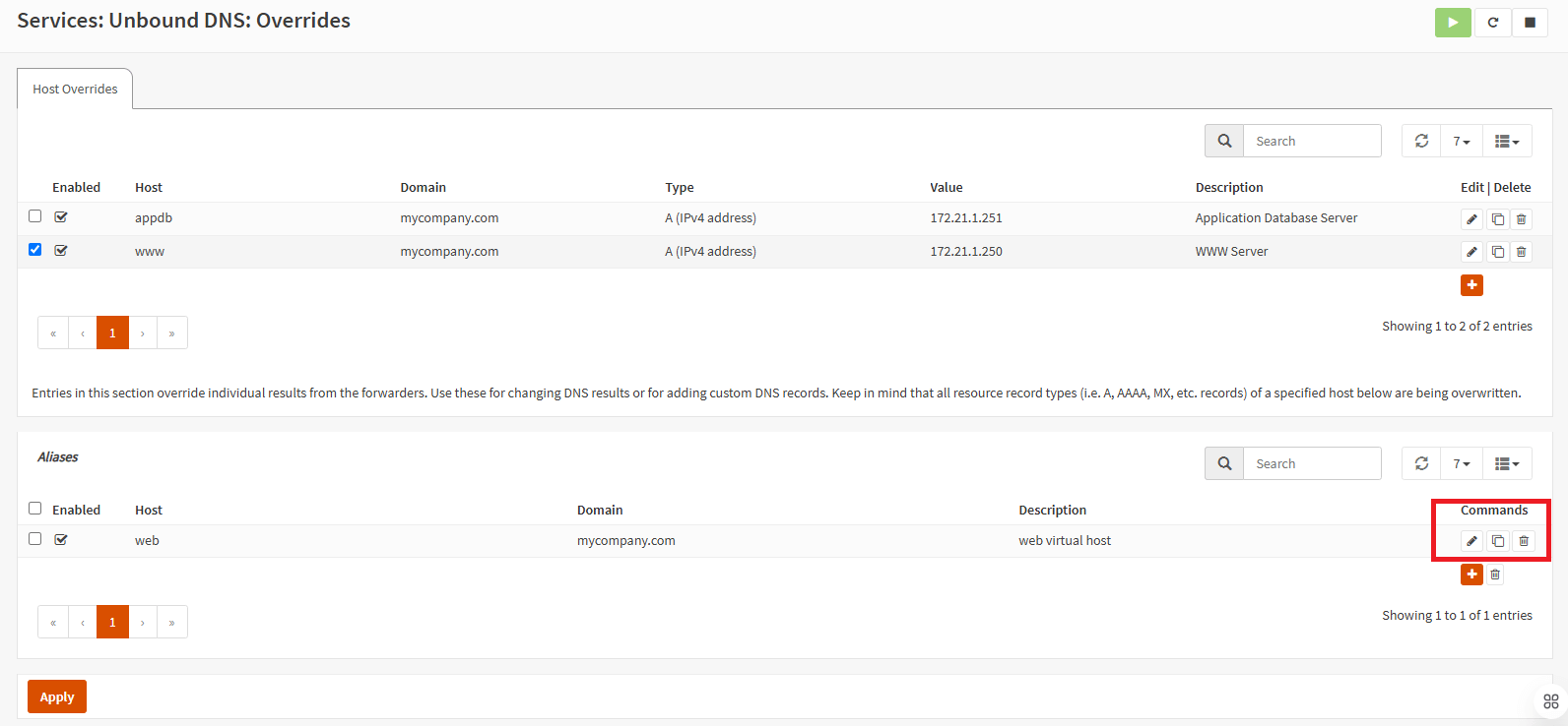 Viewing host override aliases