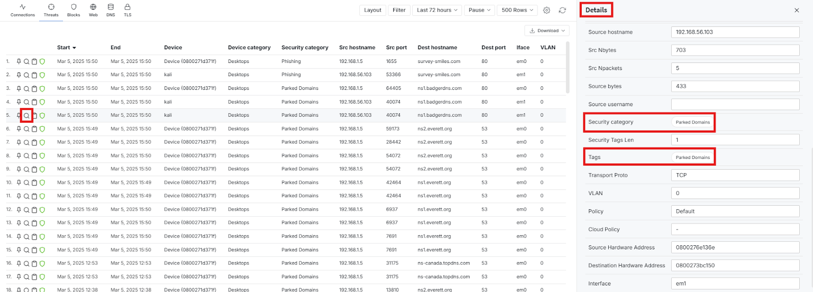 Viewing Session Details of a Detected Security Category