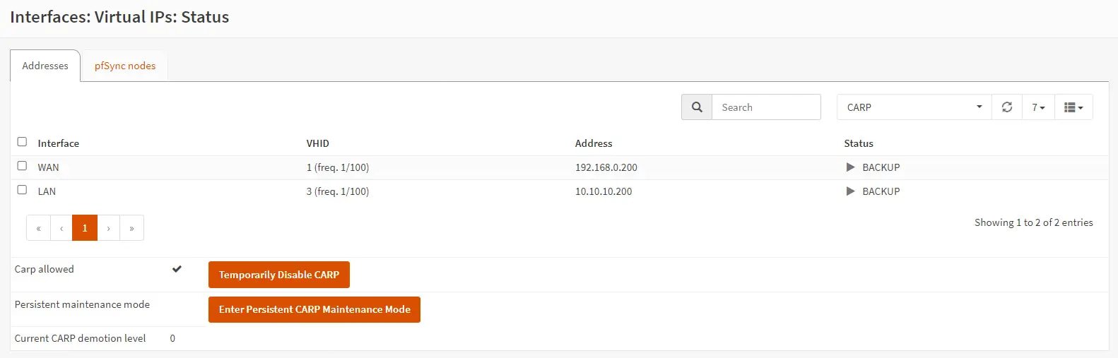 Viewing VIP status on backup node