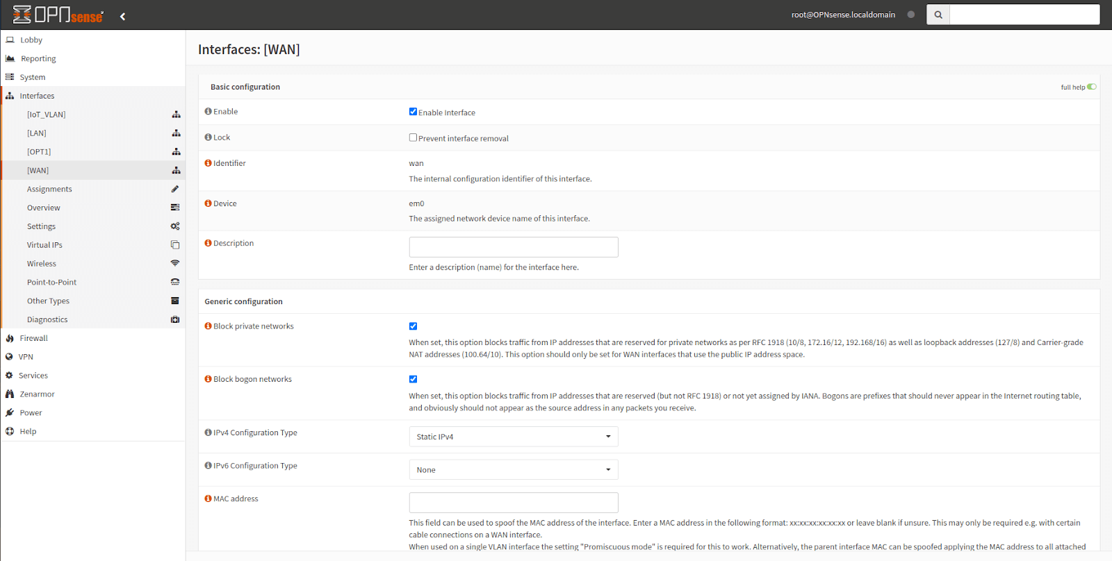 OPNsense WAN Interface Configuration