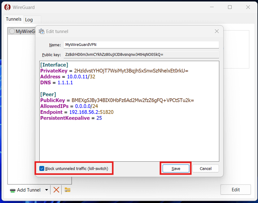 wireguard tunnel configuration on windows client