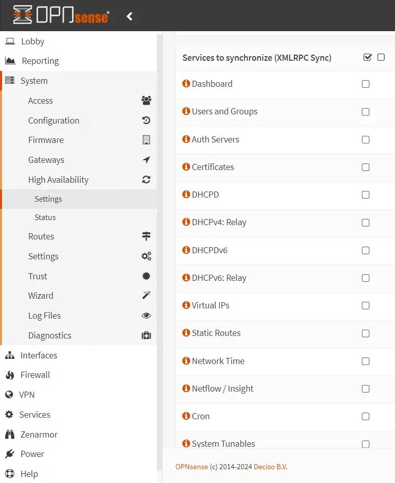 XMLRPC sync options on OPNsense HA