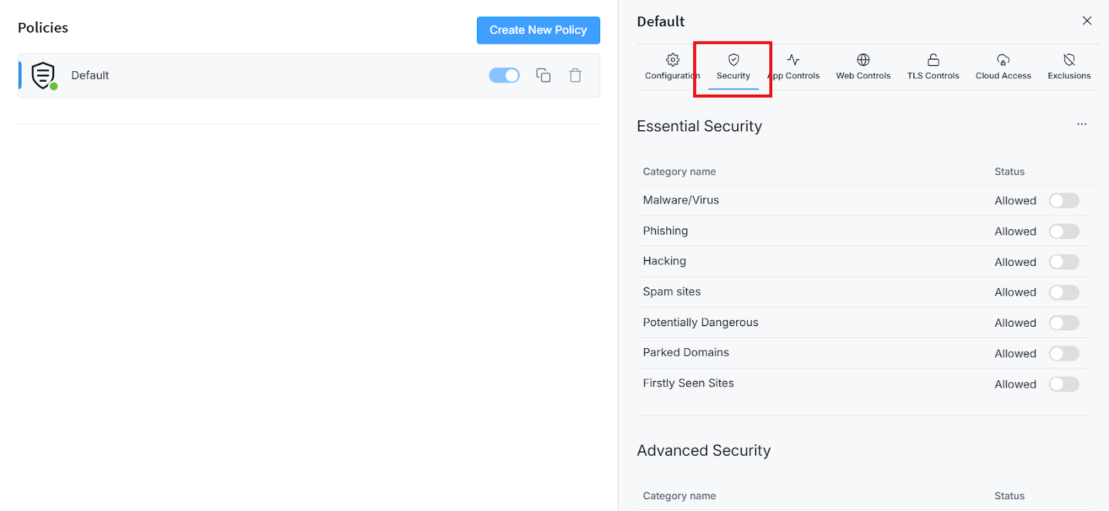 Default Policy - Security Settings