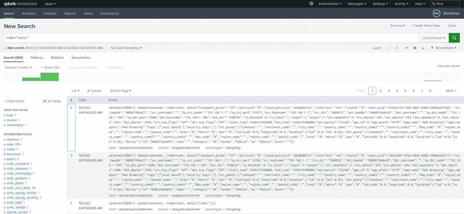 Zenarmor syslog data in the osnix index notice the incorrect index and sourcetype