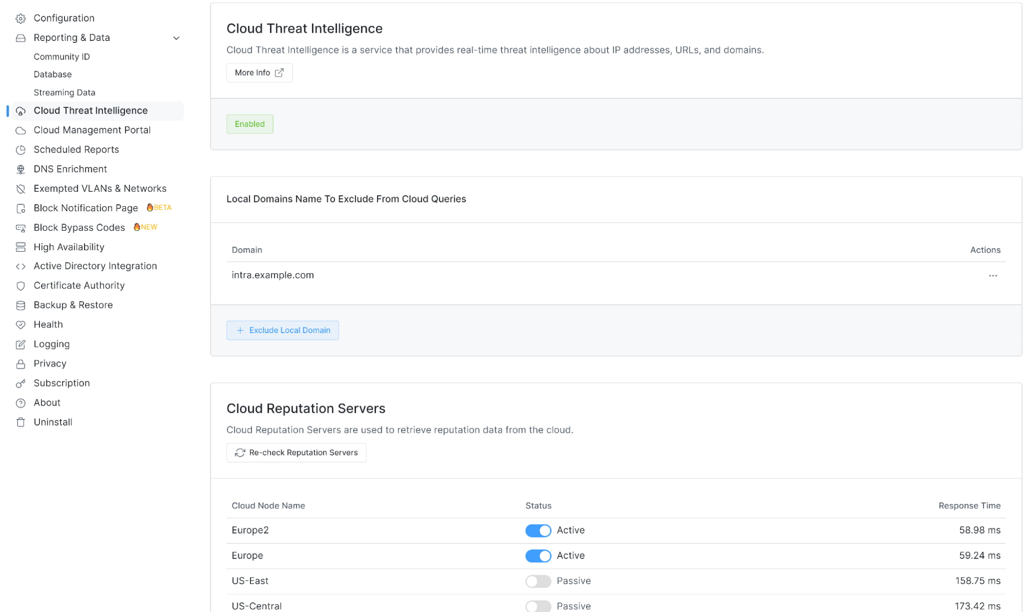 Cloud Threat Intelligence Settings on Zenarmor