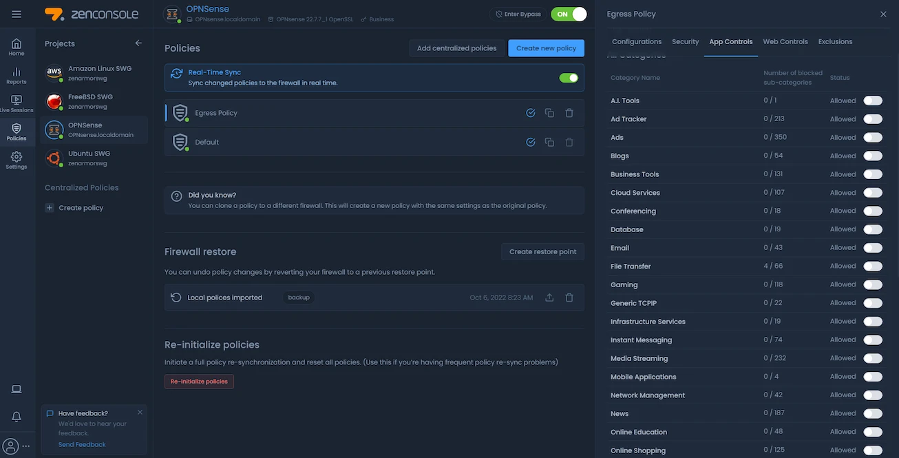 Egress Policy view - App Controls - Categories View