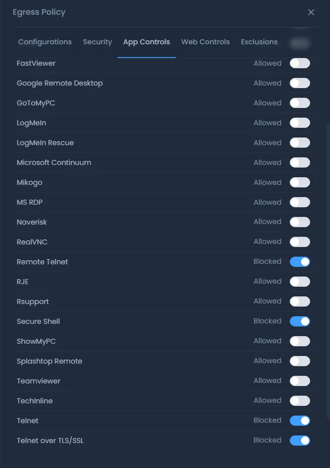 Egress Policy view - App Controls