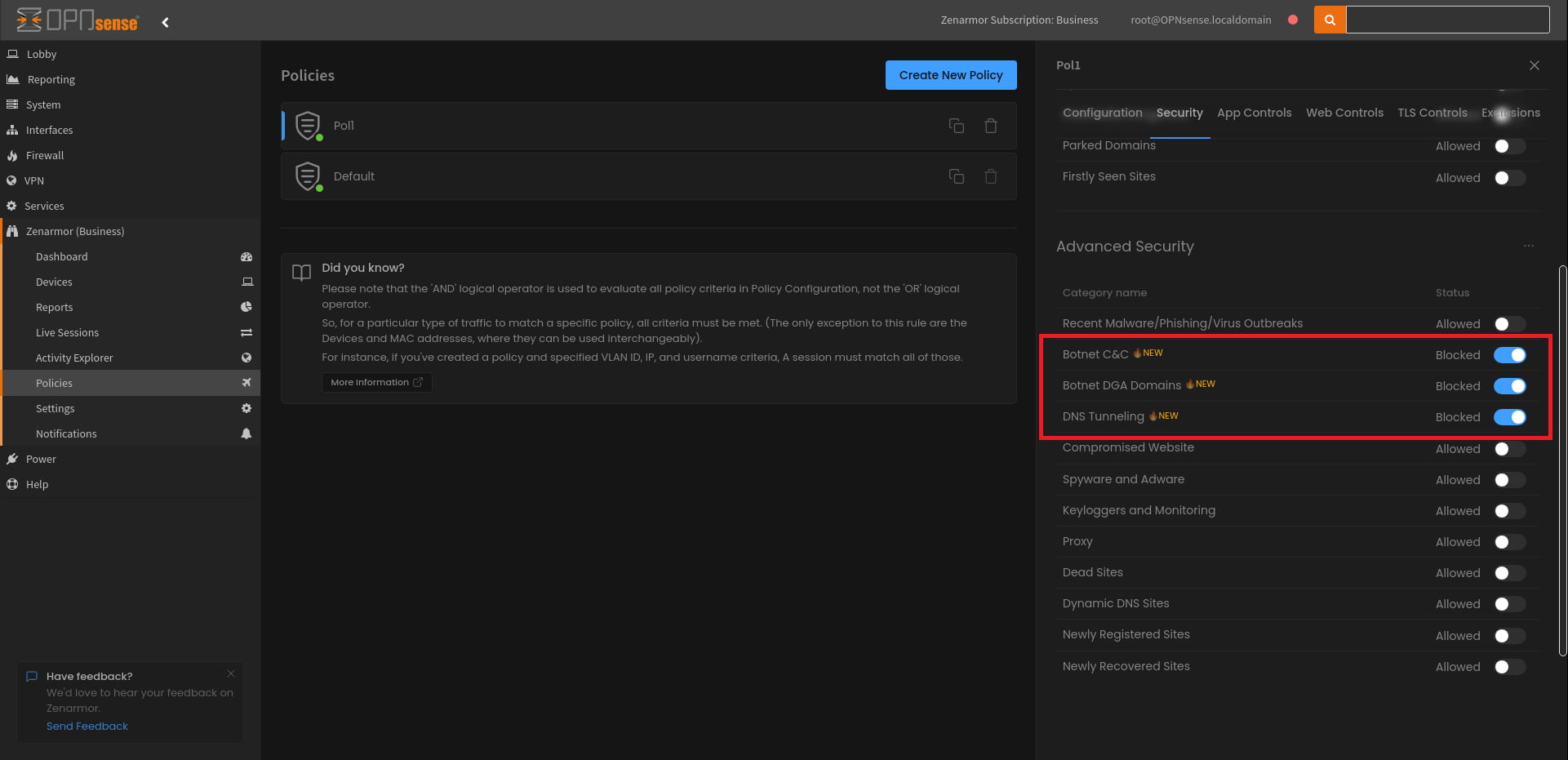 Enabling Botnet DGA and DNS Tunneling Protection in the Advanced Security Configurations