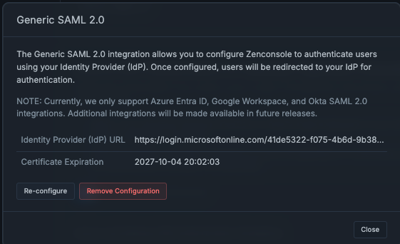 Generic SAML 2.0 settings configured using Azure Entra ID as the IdP.