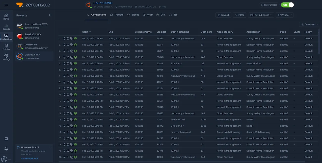 Live sessions view - active traffic traversing the network