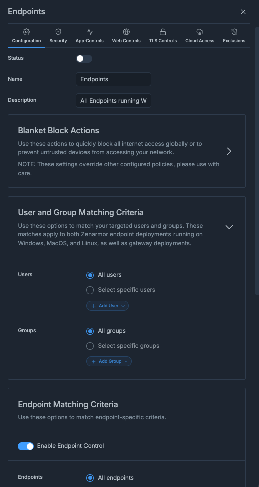New policy configuration menu.