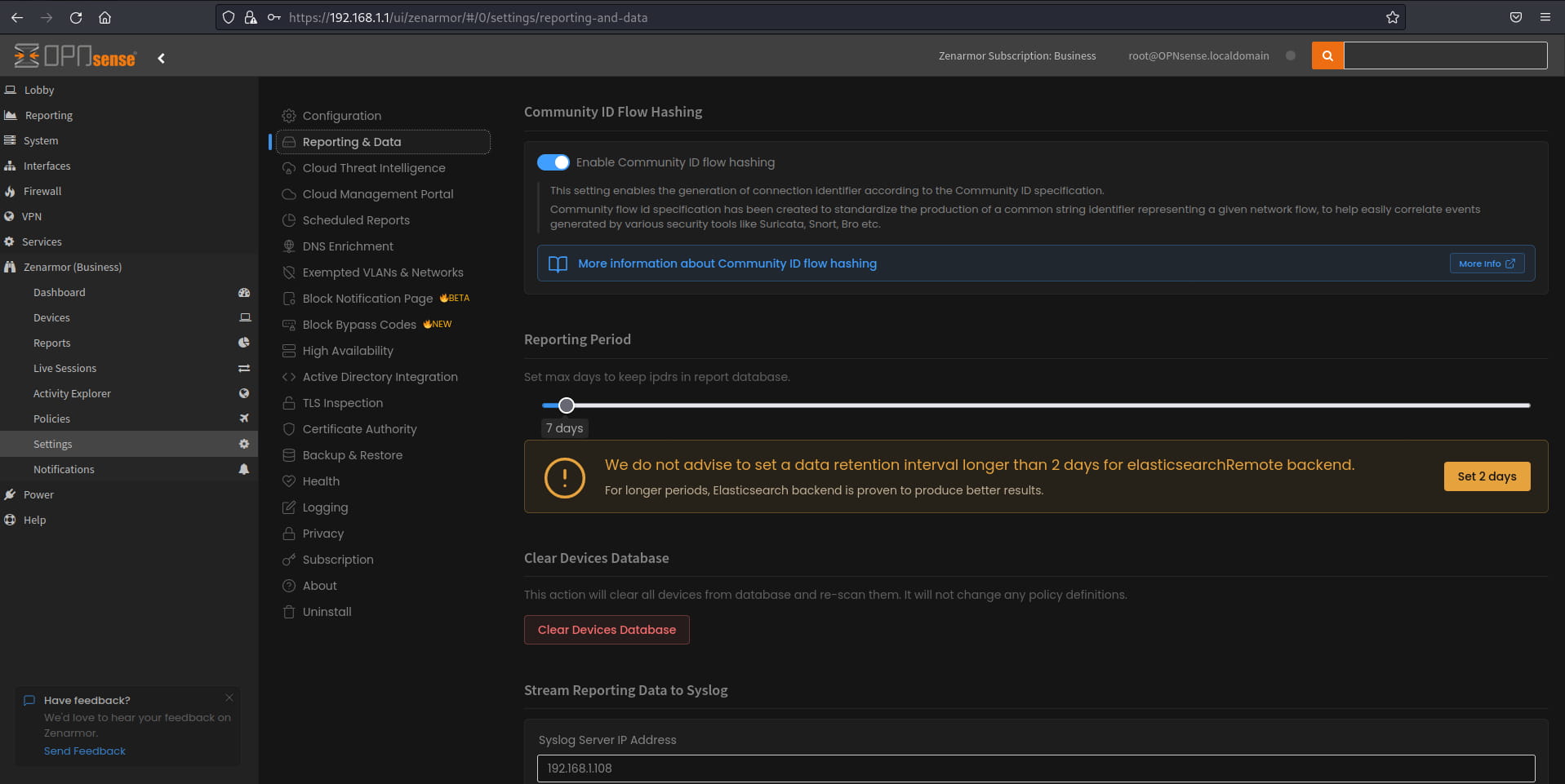 Reporting and Data Settings menu to toggle Community ID support in Zenarmor