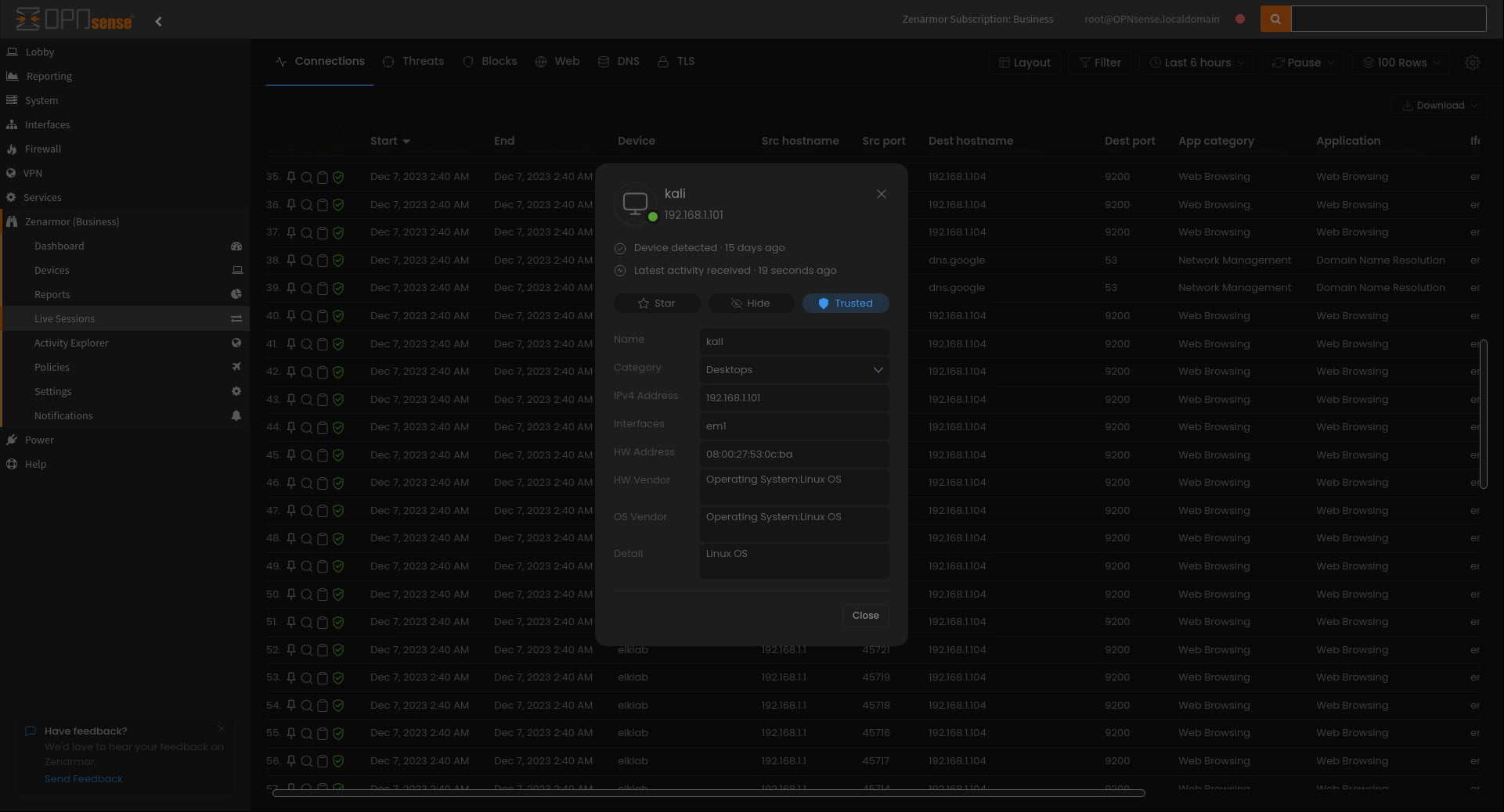 Viewing device details by selecting the device name in the Live Session Explorer